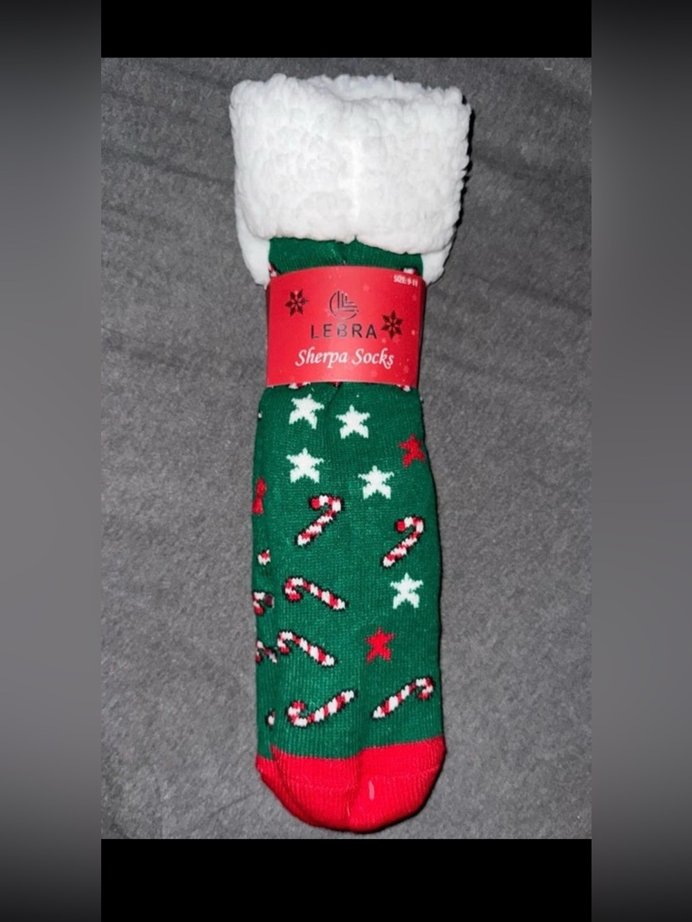 LEBRA Sherpa Lined Slipper Socks Holiday Candy Cane Non Skid Grips 9-11 NIP